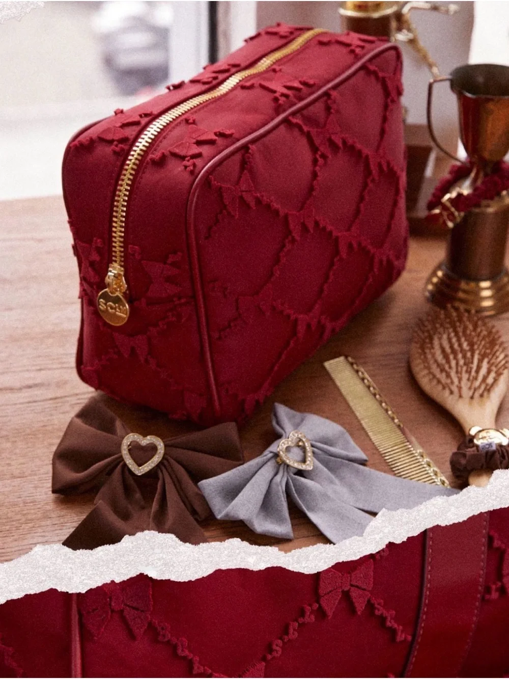 Stoney Clover Lane Burgundy Red tufted Bow large Cosmetic Pouch NWT